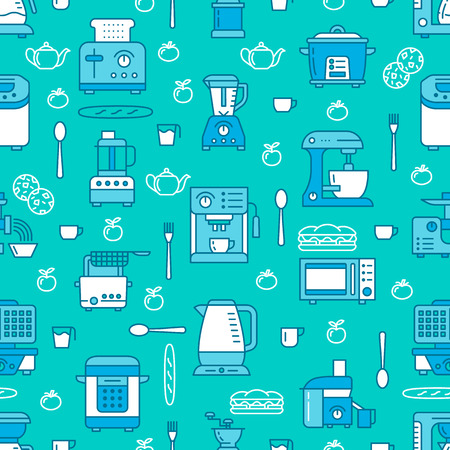 Kitchen utensil, small appliances blue seamless pattern with flat line icons. Background with household cooking tools blender, mixer, food processor, coffee machine, microwave, toaster. Electronics.のイラスト素材