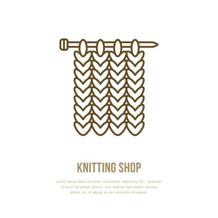 Knitting vector icon in modern flat line style. Elements - yarn, knit needle. Outline symbol for shops, clubs. Cute design element for sites. Hand made business logo.のイラスト素材