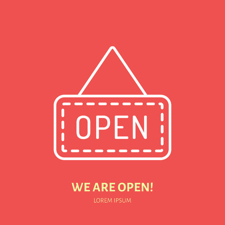 We are open sign vector flat line icon. Retail store supplies, trade shop, supermarket object. Thin linear signs for warehouse store.のイラスト素材