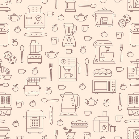 Kitchen utensil, small appliances beige seamless pattern with flat line icons. Background with household cooking tools - blender, mixer, food processor, coffee machine, microwave, toaster. Electronicsのイラスト素材