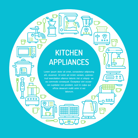 Kitchen small appliances equipment banner illustration. Vector line icon of household cooking tools - blender mixer, coffee machine, microwave, toaster. Electronics circle template with place for textのイラスト素材