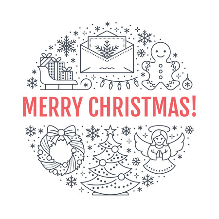Christmas new year banner illustration. Vector line icon of winter holidays christmas tree, gifts, angel, letter to santa, presents, wreath gingerbread. Circle template with text Merry Christmas.のイラスト素材