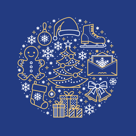 Christmas, new year banner illustration. Vector line icon of winter holidays christmas tree, gifts, snowflakes, skates, letter to santa, bells gingerbread. Celebration party blue gold circle template.のイラスト素材