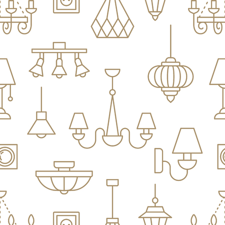 Set of light fixtures, lamps seamless pattern line illustration.のイラスト素材