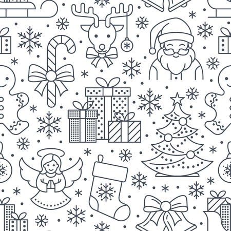 Christmas, new year seamless pattern, line illustration. Vector icons winter holidays christmas tree, gifts, letter to santa, presents, jingle bells. Celebration party white black repeated background.のイラスト素材
