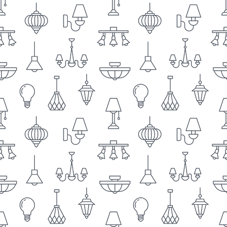 Light fixture, lamps seamless pattern, line illustration. Vector flat icons of home lighting equipment chandelier, bulb. Repeated background for interior store black and white.のイラスト素材