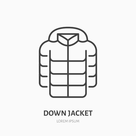 Down jacket flat line icon. Cold weather clothing sign. Thin lines for apparel shop.のイラスト素材