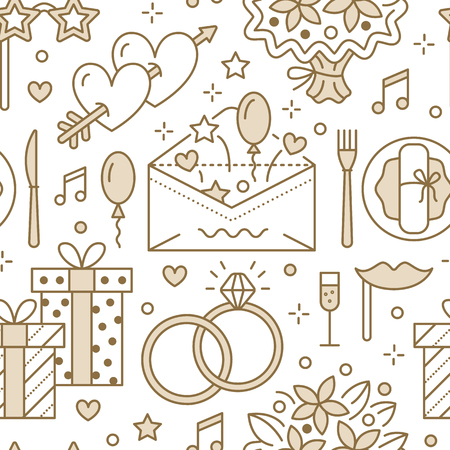 Wedding party seamless pattern, flat line illustration. Vector icons of event agency - rings, balloons, gifts, invitation, flowers. Cute repeated background. Valentine day romantic date organization.のイラスト素材