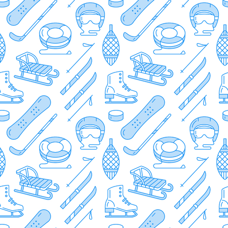Winter sports blue colored seamless pattern, equipment rental at ski resort. Vector flat line icons - skates, hockey sticks, sleds, snowboard, snow tubing. Cold season outdoor activities.のイラスト素材