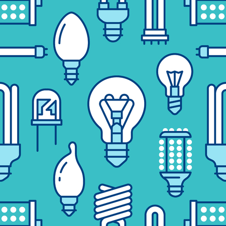Light bulbs seamless pattern with flat line icons. Led lamps types, fluorescent, filament, halogen, diode and other illumination. Modern dark blue background with linear signs for electric store.のイラスト素材