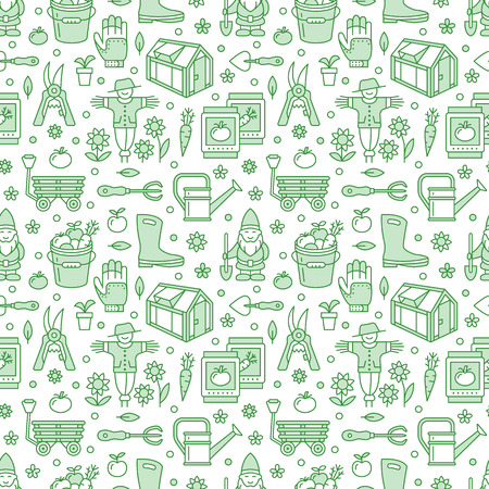 Gardening, planting and horticulture seamless pattern with vector line icons. Garden equipment, organic seeds, greenhouse, pruners, watering can, tools.のイラスト素材