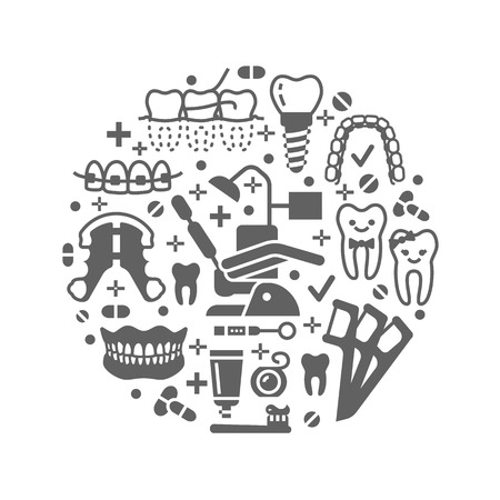 Dentist, orthodontics medical banner with vector glyph icons. Dental care equipment, braces, tooth prosthesis, veneers, floss, caries treatment. Health care poster silhouette signs dentistry clinic.のイラスト素材