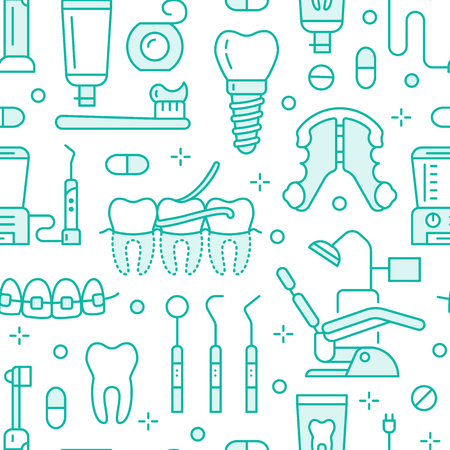 Dentist, orthodontics blue seamless pattern with line icons. Dental care, medical equipment, braces, tooth prosthesis, floss, caries treatment, toothpaste. Health care background for dentistry clinic.のイラスト素材