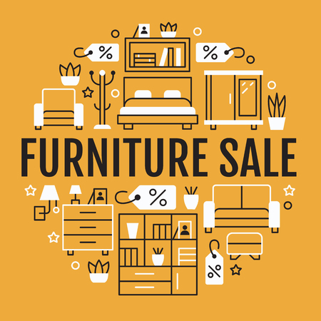 Furniture sale banner illustration with flat line icons. Living room, bedroom, home office chair, kitchen, sofa, nursery, lamp, sideboard. Circle template linear signs interior store yellow poster.のイラスト素材