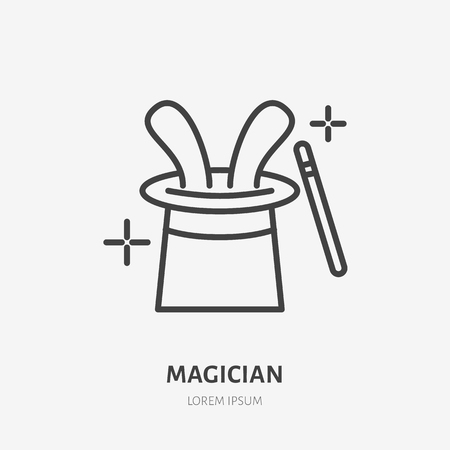 Magician line icon. Vector logo for illusionist, party service or event agency. Linear illustration of magic wand and rabbit in hat.の写真素材