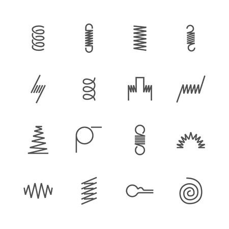 Metal spring flat line icons. Variety of flexible coil, elastic steel wire types. Thin signs flexibility property. Pixel perfect 48x48, Editable Strokes.のイラスト素材