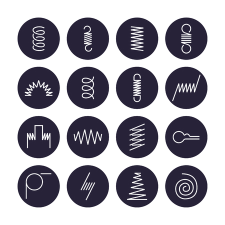 Metal spring flat line icons. Variety of flexible coil, elastic steel wire types. Thin signs in circle background, flexibility property. Editable Strokes.のイラスト素材