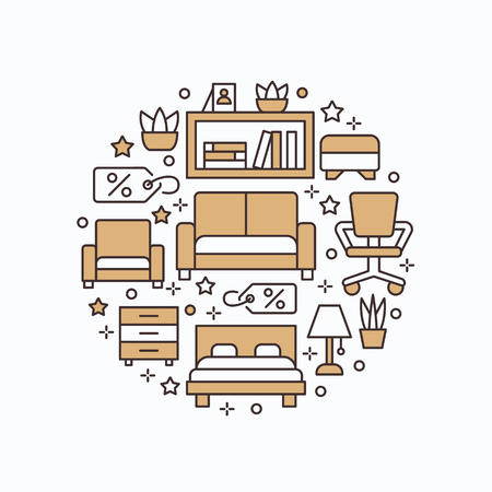 Furniture sale banner illustration with flat line icons. Interior store poster. Living room, bedroom, home office chair, shelving, sofa, lamp, sideboard discount thin linear signs circle template.のイラスト素材