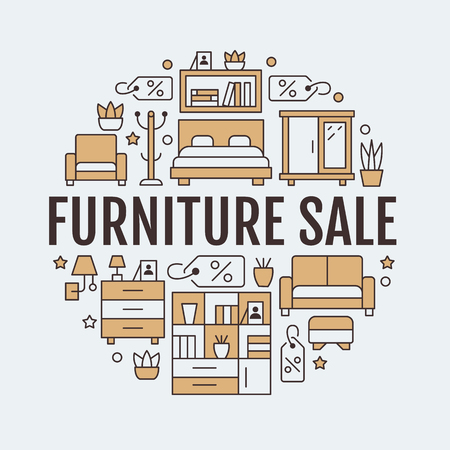 Furniture sale banner illustration with flat line icons. Living room, bedroom, home office chair, kitchen sofa, nursery lamp sideboard. Circle template thin linear signs interior store colored poster.のイラスト素材