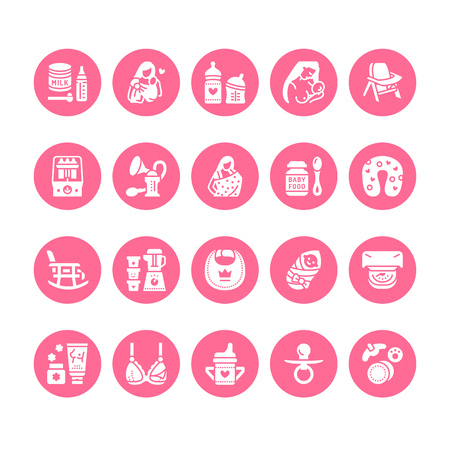 Breastfeeding, baby food vector flat glyph icons. Breast feeding elements - pump, woman, child, powdered milk, bottle sterilizer, nursing pillow. Maternity. Solid silhouette pixel perfect 64x64.のイラスト素材