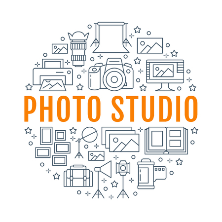 Photography equipment poster with flat line icons. Digital camera, photos, lighting video cameras, photo accessories memory card, tripod. Vector circle illustration, concept photostudio brochure.のイラスト素材