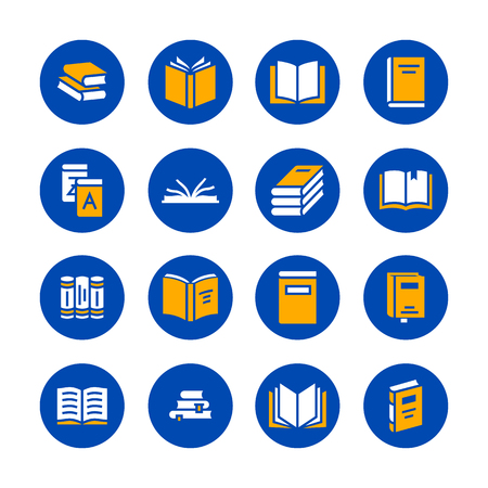 Books flat glyph icons. Reading, library, literature education illustrations. Signs for e-book store, textbook, encyclopedia. Solid silhouette pixel perfect 48x48. Blue white yellow color.のイラスト素材