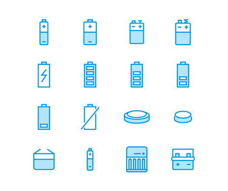 Battery flat line vector icons. Batteries varieties illustrations - aa, alkaline, lithium, car accumulator, charger, full charge. Thin signs for electrical store.のイラスト素材