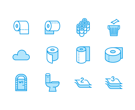 Toilet paper roll, towel flat line icons. Hygiene illustrations, mobile wc, restroom, tree layered napkin. Thin signs for household goods store.の写真素材