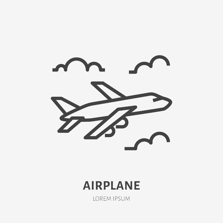 Airplane flat line icon. Vector sign of plane flying in clouds, aircraft travel outline logo.のイラスト素材
