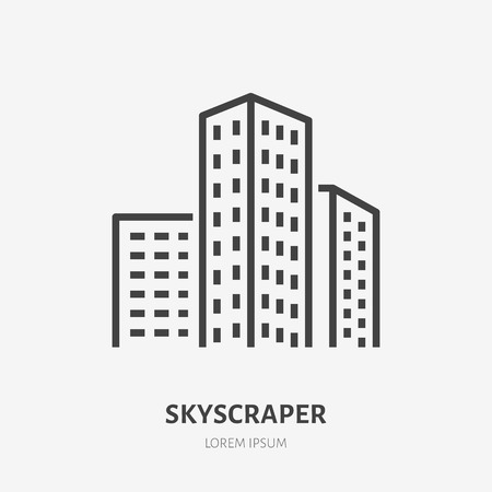 Skyscraper flat line icon. Vector thin sign of urban city, downtown, commercial building rent logo. Apartment house exterior illustration.のイラスト素材