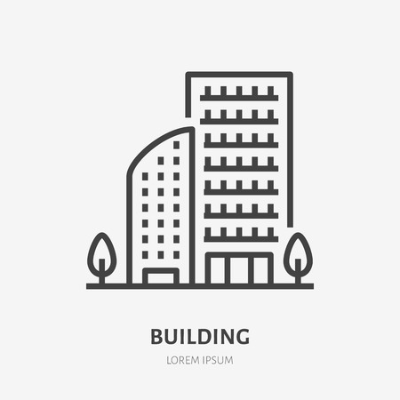Apartment building flat line icon. Vector thin sign of multi-storey house, condo or office rent logo. Real estate illustration.の写真素材