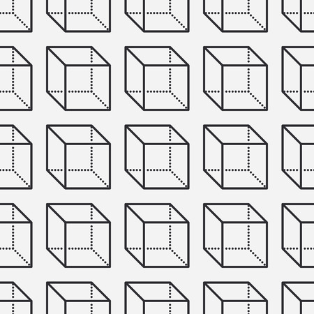 Geometric shapes seamless pattern with flat line icons of cube figure. Modern abstract background for geometry, math education. Black white vector illustrations.のイラスト素材