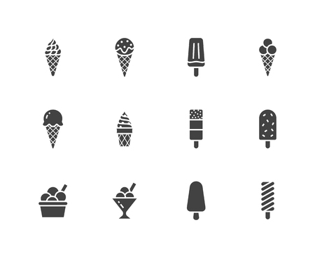 Ice cream flat glyph icons set. Waffle cone, ice lolly, frozen juice, popsicle, sorbet in bowl vector illustrations. Signs for dessert menu. Solid silhouette pixel perfect 64x64.のイラスト素材