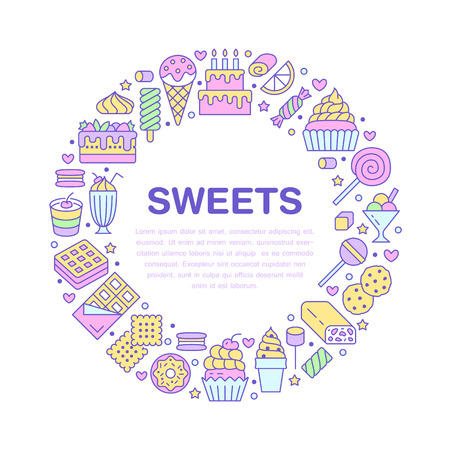 Sweet food round poster with flat line icons. Pastry vector illustrations - lollipop, chocolate bar, milkshake, cookie, birthday cake, donut, candy shop. Cute circle brochure for confectionery.のイラスト素材