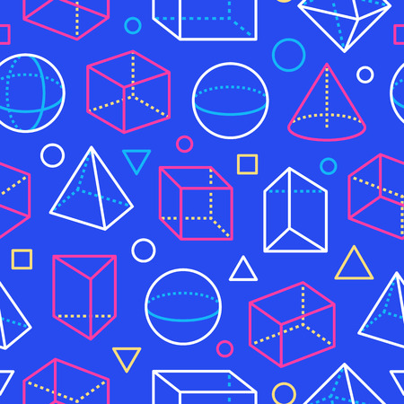 Geometric shapes seamless pattern with flat line icons. Modern abstract background geometry, math education. Mathematics figures - cube, sphere, cone, prism, blue, white color vector illustrations.のイラスト素材