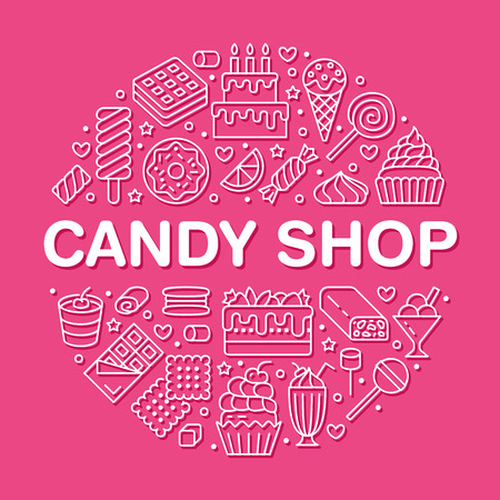 Sweet food round poster with flat line icons. Pastry vector illustrations - lollipop, chocolate bar, milkshake, cookie, birthday cake, candy shop. Cute circle brochure for confectionery.のイラスト素材