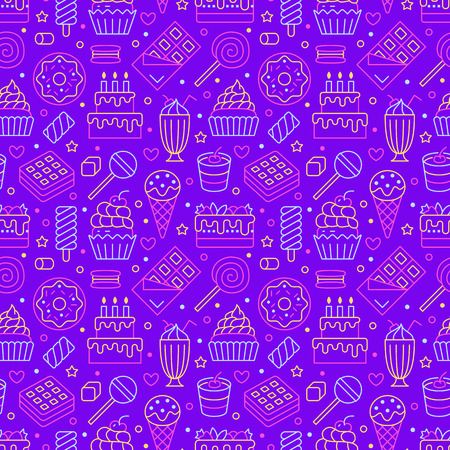 Sweet food seamless pattern with flat line icons. Pastry vector illustrations - lollipop, chocolate bar, milkshake, cookie, birthday cake, candy shop. Cute purple background for confectionery.のイラスト素材