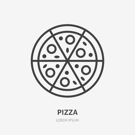 Pizza flat line icon. Vector thin sign of italian fast food cafe logo. Pizzeria illustration.のイラスト素材