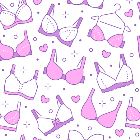 Lingerie seamless pattern with flat line icons of bra types. Woman underwear background, vector illustrations of brassiere. Cute pink white wallpaper for clothes store.のイラスト素材