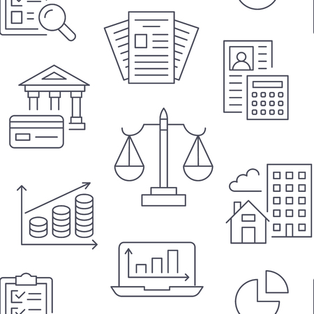 Financial accounting seamless pattern with flat line icons. Bookkeeping background, tax optimization, loan, invoice, real estate crediting. Accountancy, finance backdrop for legal services.のイラスト素材