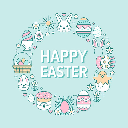 Easter card circle template with flat line icons. Colored eggs, basket, egg hunt, rabbit, spring flowers, cake round vector illustration. Thin signs poster for christianity celebration.のイラスト素材