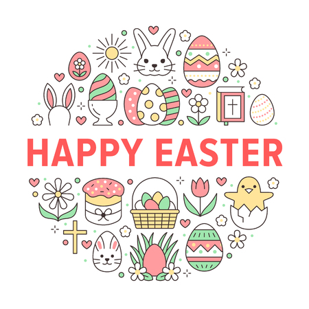 Easter card circle template with flat line icons. Colored eggs, basket, egg hunt, rabbit, spring flowers, cake round vector illustration. Thin signs poster for christianity celebration.のイラスト素材