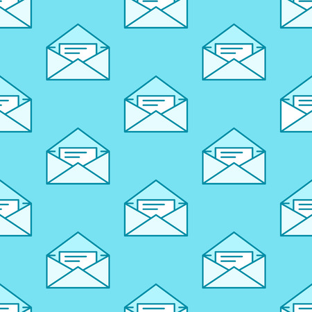 Seamless pattern with envelopes flat line icons. Mail background, message, open envelope with letter, email vector illustrations. Blue white thin signs for mailing list, post office.のイラスト素材