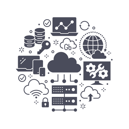Cloud data storage circle poster with flat glyph icons. Database background, information server center, global network, backup, security vector silhouette illustration. Technology black white templateのイラスト素材