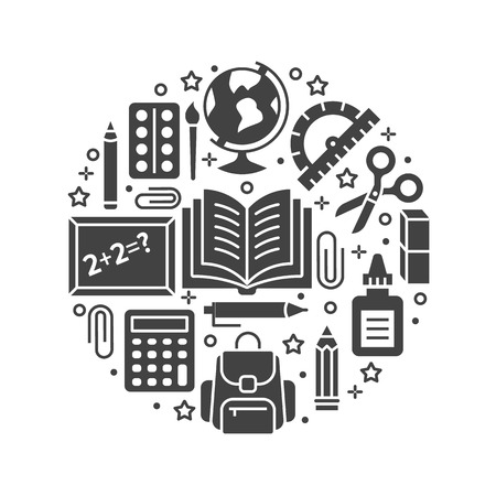 School supplies circle template with glyph icons set. Study tools poster - globe, calculator, book, pencil, scissors, ruler, notebook vector illustration. Signs for stationery sale brochure.のイラスト素材