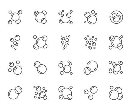 Bubbles flat line icons set. Soap foam, fizzy drink, oxygen bubble pictogram, effervescent effect vector illustrations, outline signs. Pixel perfect 64x64. Editable Strokes.のイラスト素材