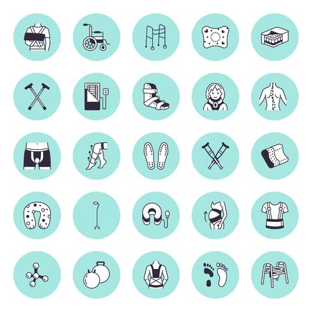 Orthopedic, trauma rehabilitation vector line icons. Crutches, mattress pillow, cervical collar, walkers, ergonomic shoes, chiropractic. Health care thin linear signs for osteopath clinic, hospital.のイラスト素材