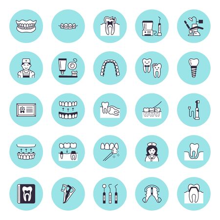 Dentist, orthodontics vector flat line icons. Dental care equipment, braces, tooth prosthesis, veneers, floss, caries treatment. Healthcare thin linear signs for dentistry clinic.のイラスト素材