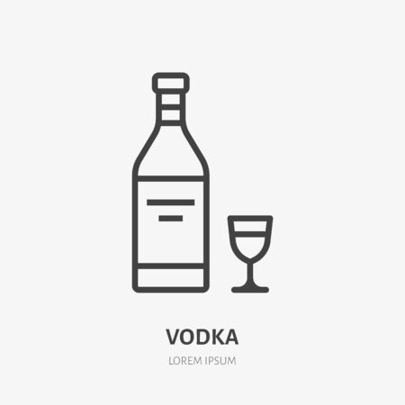 Vodka flat line icon. Vector thin sign of alcohol bottle, glass logo. Aperitif drink outline illustration for bar menu.のイラスト素材