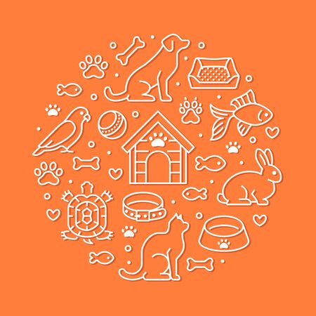 Pet shop vector circle banner with flat line icons. Dog house, cat food, bird, rabbit, fish, animal paw, bowl illustrations. Thin signs for veterinary poster isolated on orange background.のイラスト素材